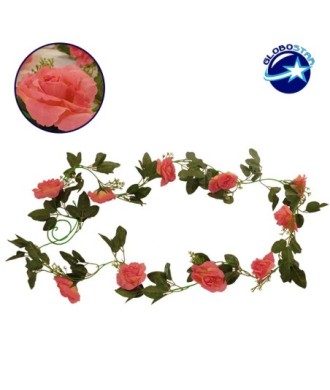 GloboStar® 09001 Τεχνητό Κρεμαστό Φυτό Διακοσμητική Γιρλάντα Μήκους 2.2 μέτρων με 10 X Μεγάλα Τριαντάφυλλα Κοραλί